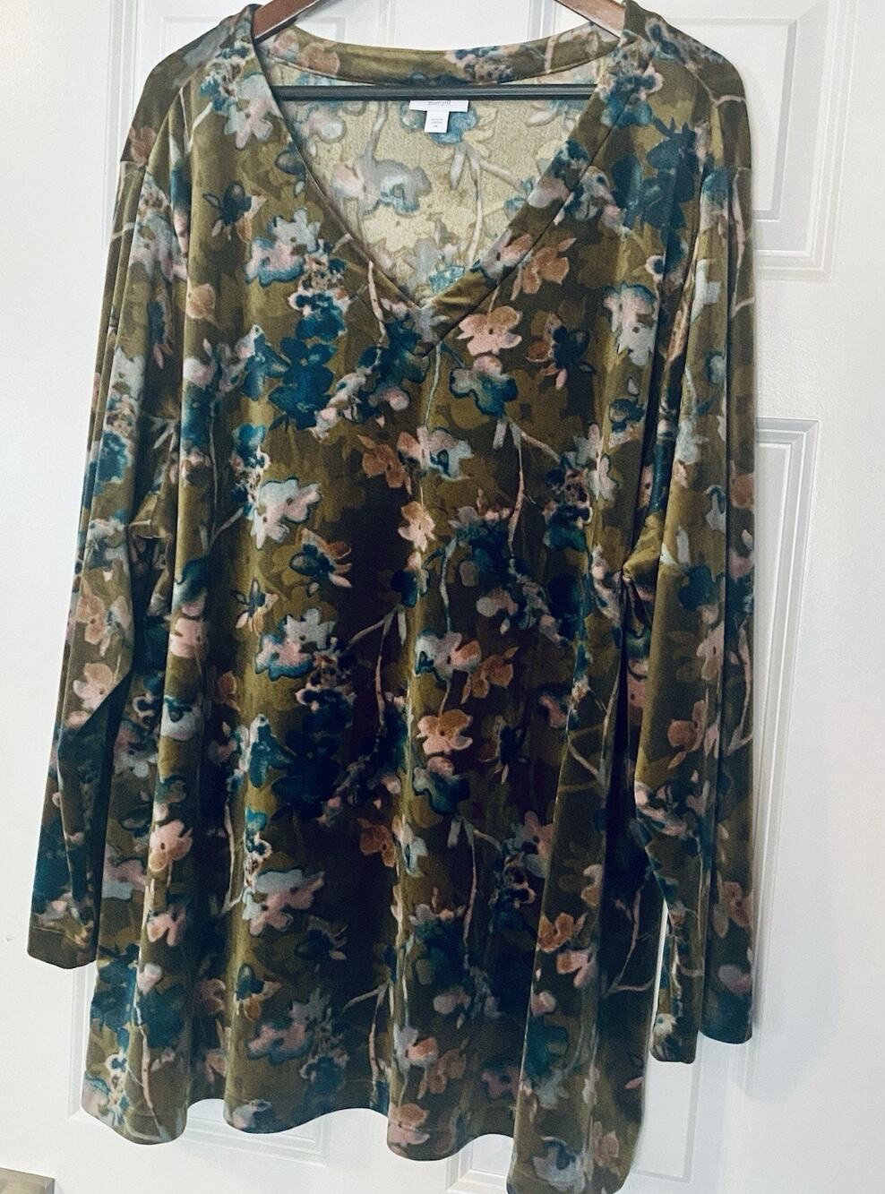 Pure Jill J Jill Velour V-Neck Tunic Floral Olive Green Multi Long Sleeve Sz 4X